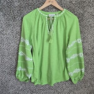 Belle by Kim Gravel Top Womens XS Green Oversized Beach Tassel Embroidered